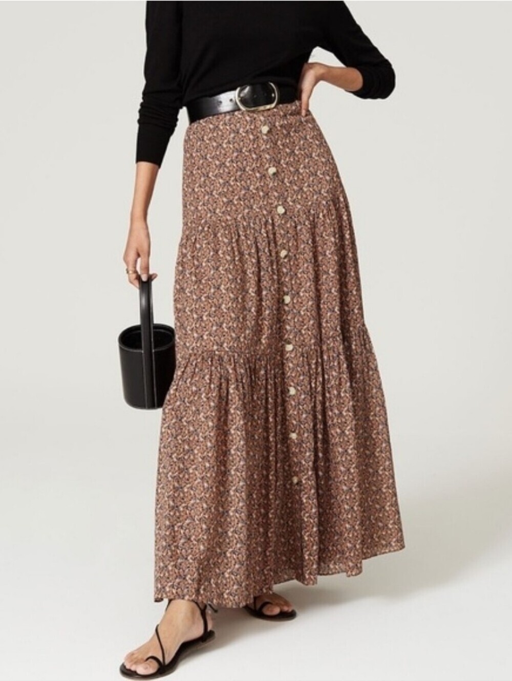 Veronica Beard Sundance Tan Black White Floral Tiered Button Front Maxi Skirt